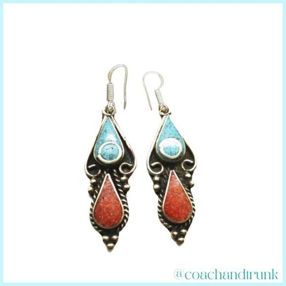 Turquois Coral Inlayed Silver Ornated Metalwork Handcrafted Earrings - Picture 2 of 2